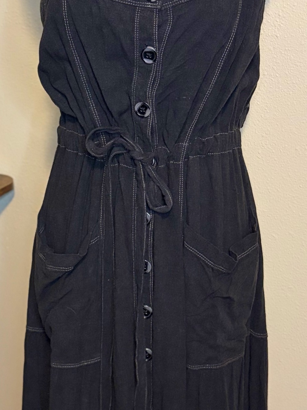 Free People Black Maxi Dress with Button Front and Tie Waist